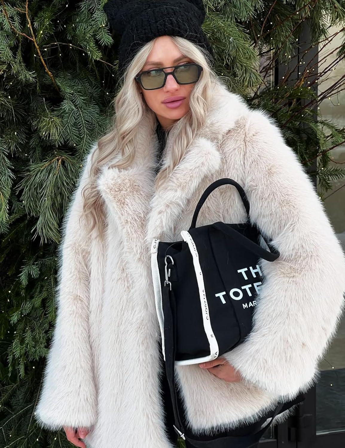 image:imageArssm Womens Faux Fur Coat Long Sleeve Fluffy Jacket Open Front Furry Winter Warm Lapel Shaggy Coat OutwearBeige