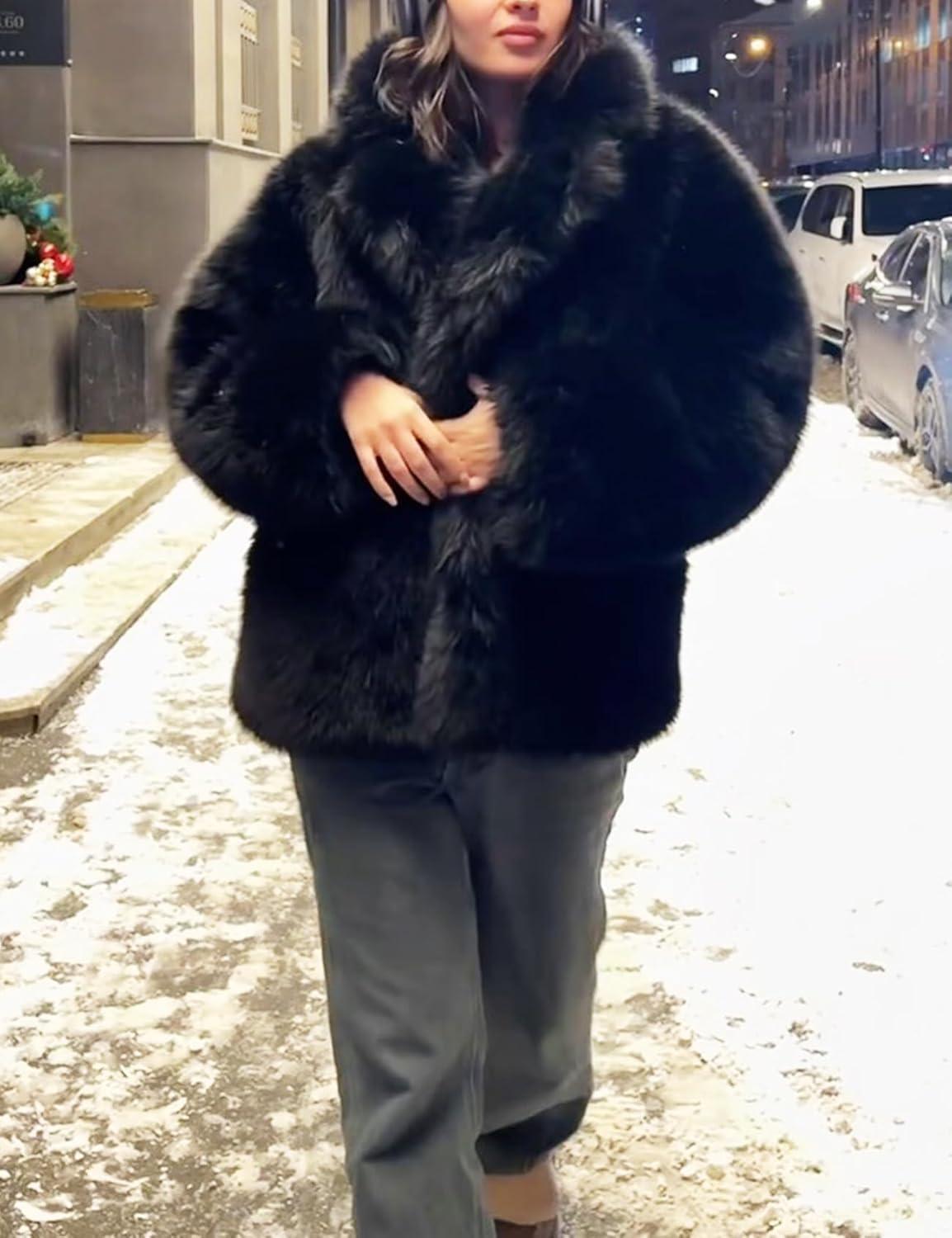 image:imageArssm Womens Faux Fur Coat Long Sleeve Fluffy Jacket Open Front Furry Winter Warm Lapel Shaggy Coat OutwearBlack