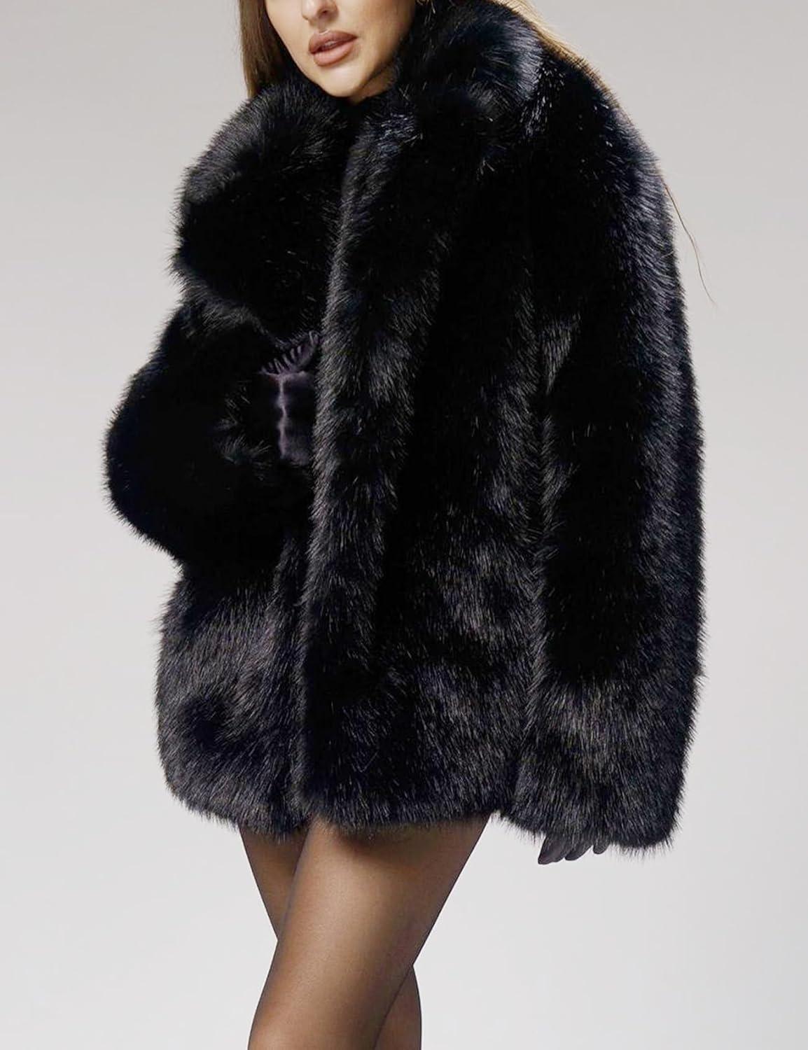 image:imageArssm Womens Faux Fur Coat Long Sleeve Fluffy Jacket Open Front Furry Winter Warm Lapel Shaggy Coat OutwearBlack