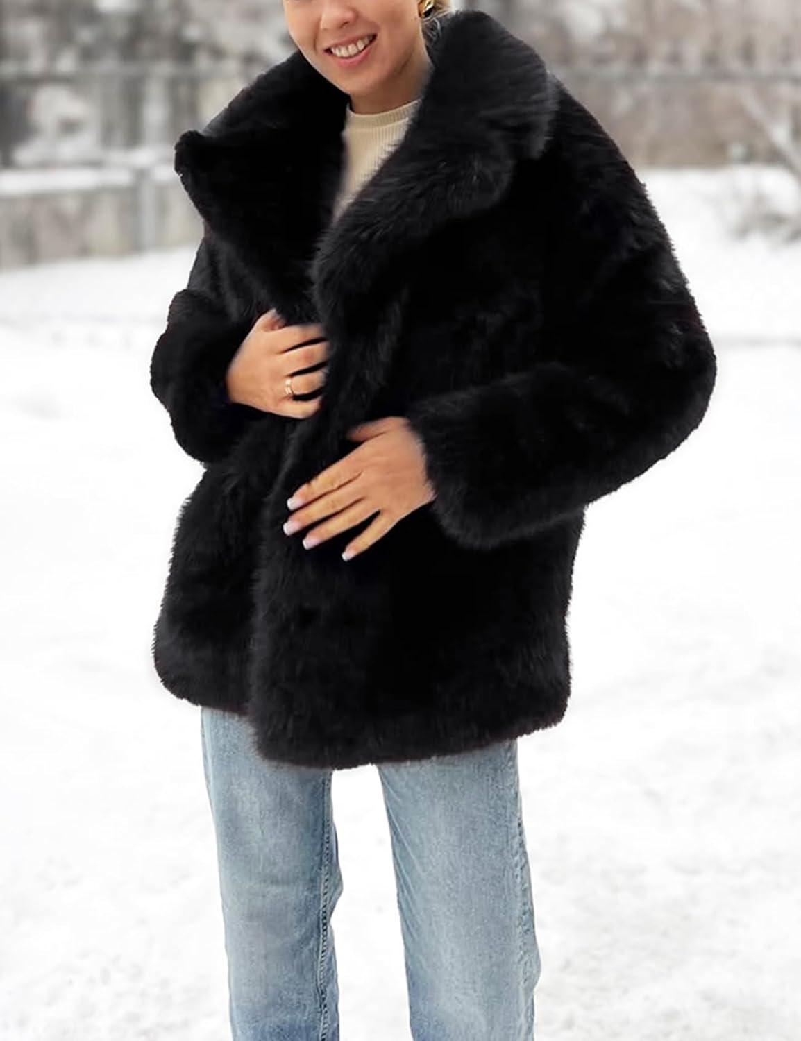 image:imageArssm Womens Faux Fur Coat Long Sleeve Fluffy Jacket Open Front Furry Winter Warm Lapel Shaggy Coat OutwearBlack