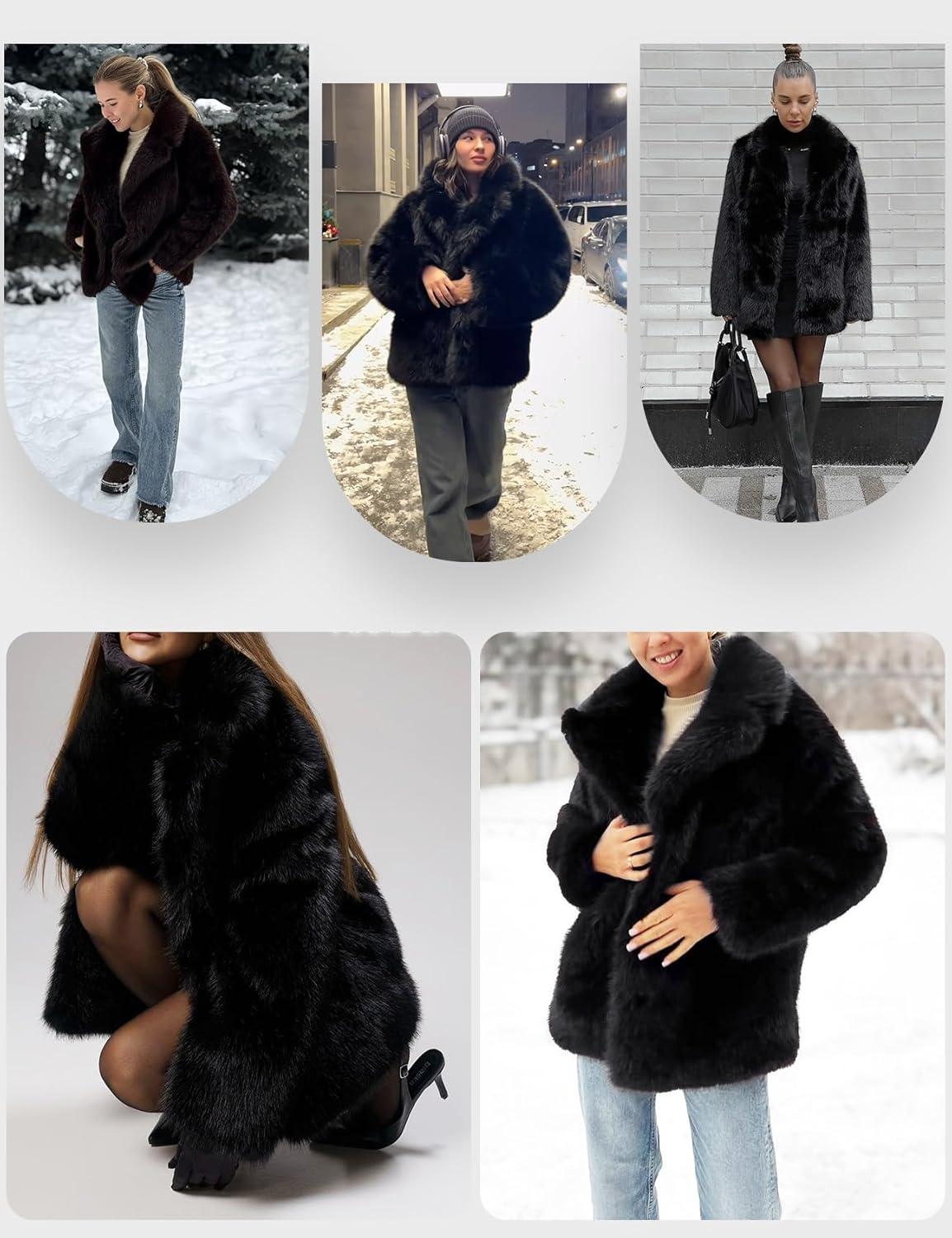 image:imageArssm Womens Faux Fur Coat Long Sleeve Fluffy Jacket Open Front Furry Winter Warm Lapel Shaggy Coat OutwearBlack