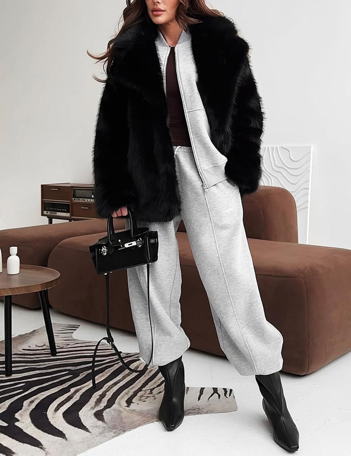 image:imageArssm Womens Faux Fur Coat Long Sleeve Fluffy Jacket Open Front Furry Winter Warm Lapel Shaggy Coat OutwearBlack