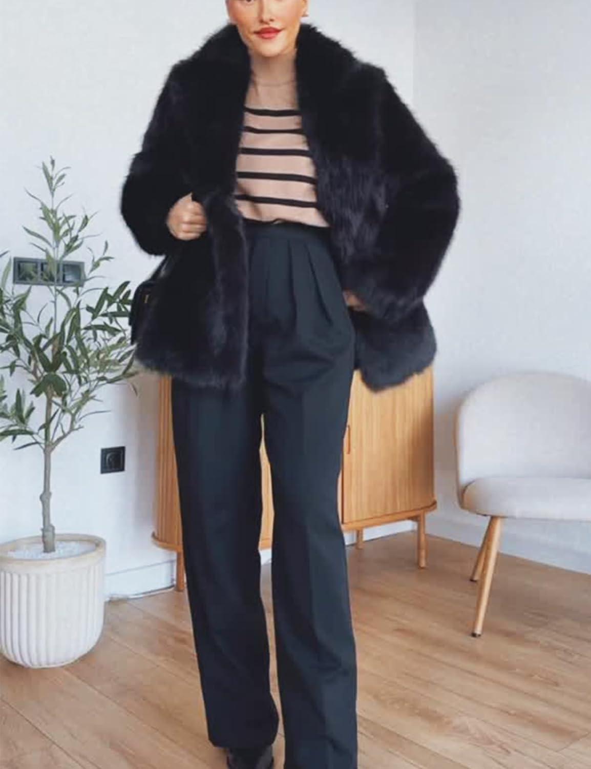 image:imageArssm Womens Faux Fur Coat Long Sleeve Fluffy Jacket Open Front Furry Winter Warm Lapel Shaggy Coat OutwearBlack