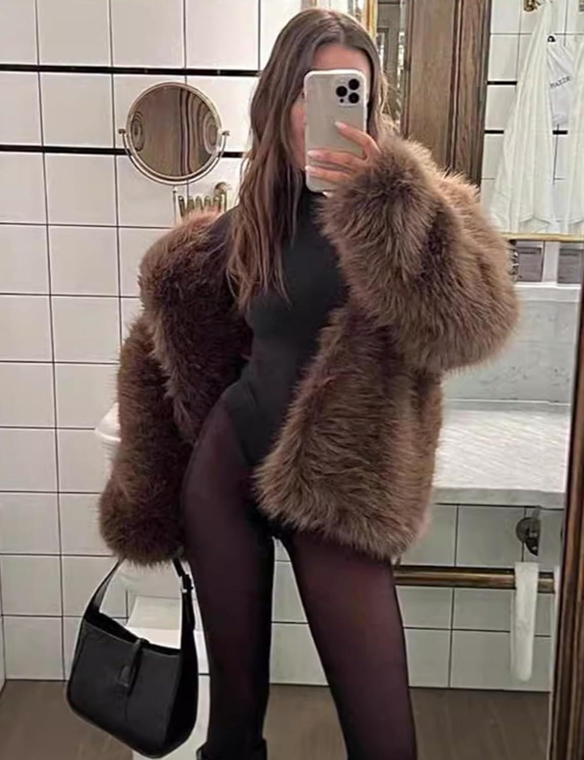 image:imageArssm Womens Faux Fur Coat Long Sleeve Fluffy Jacket Open Front Furry Winter Warm Lapel Shaggy Coat OutwearBrown