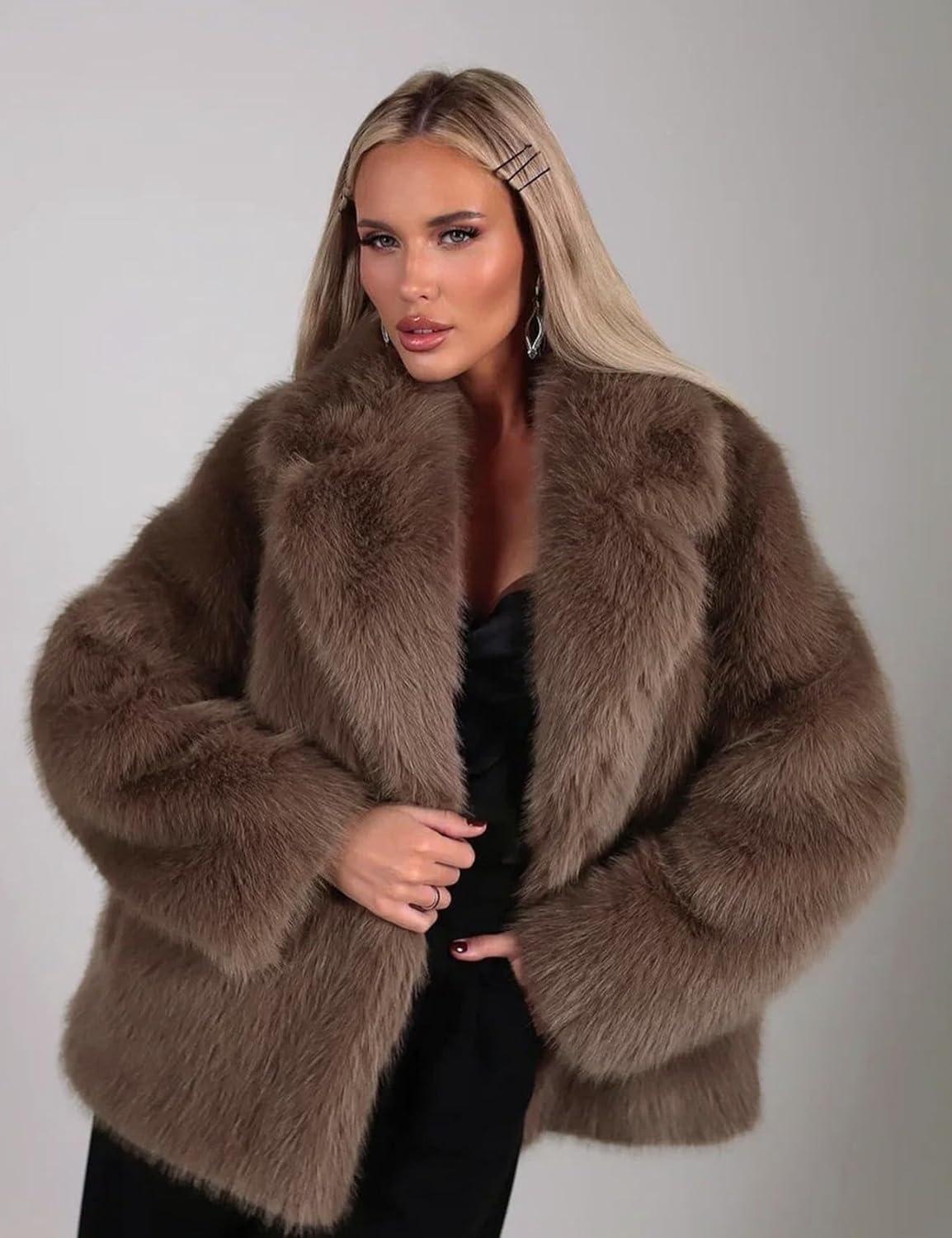 image:imageArssm Womens Faux Fur Coat Long Sleeve Fluffy Jacket Open Front Furry Winter Warm Lapel Shaggy Coat OutwearBrown