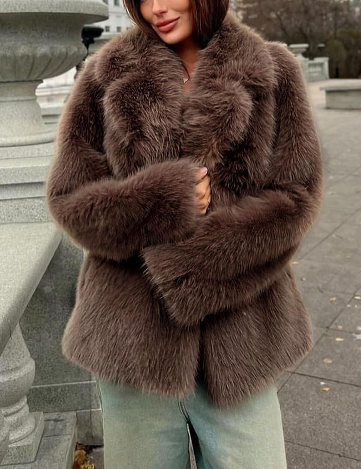 image:imageArssm Womens Faux Fur Coat Long Sleeve Fluffy Jacket Open Front Furry Winter Warm Lapel Shaggy Coat OutwearBrown