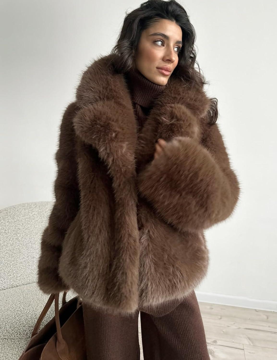 image:imageArssm Womens Faux Fur Coat Long Sleeve Fluffy Jacket Open Front Furry Winter Warm Lapel Shaggy Coat OutwearBrown