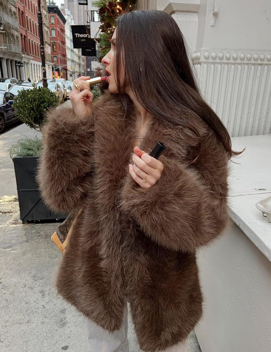 image:imageArssm Womens Faux Fur Coat Long Sleeve Fluffy Jacket Open Front Furry Winter Warm Lapel Shaggy Coat OutwearBrown
