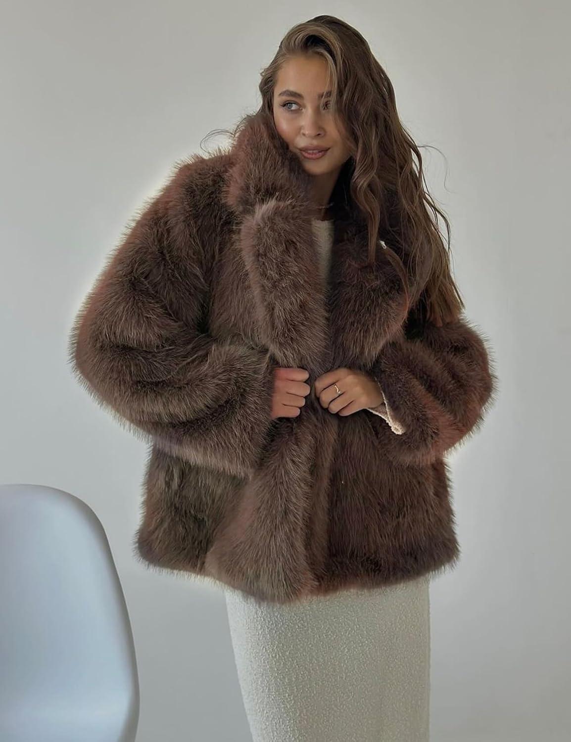 image:imageArssm Womens Faux Fur Coat Long Sleeve Fluffy Jacket Open Front Furry Winter Warm Lapel Shaggy Coat OutwearBrown