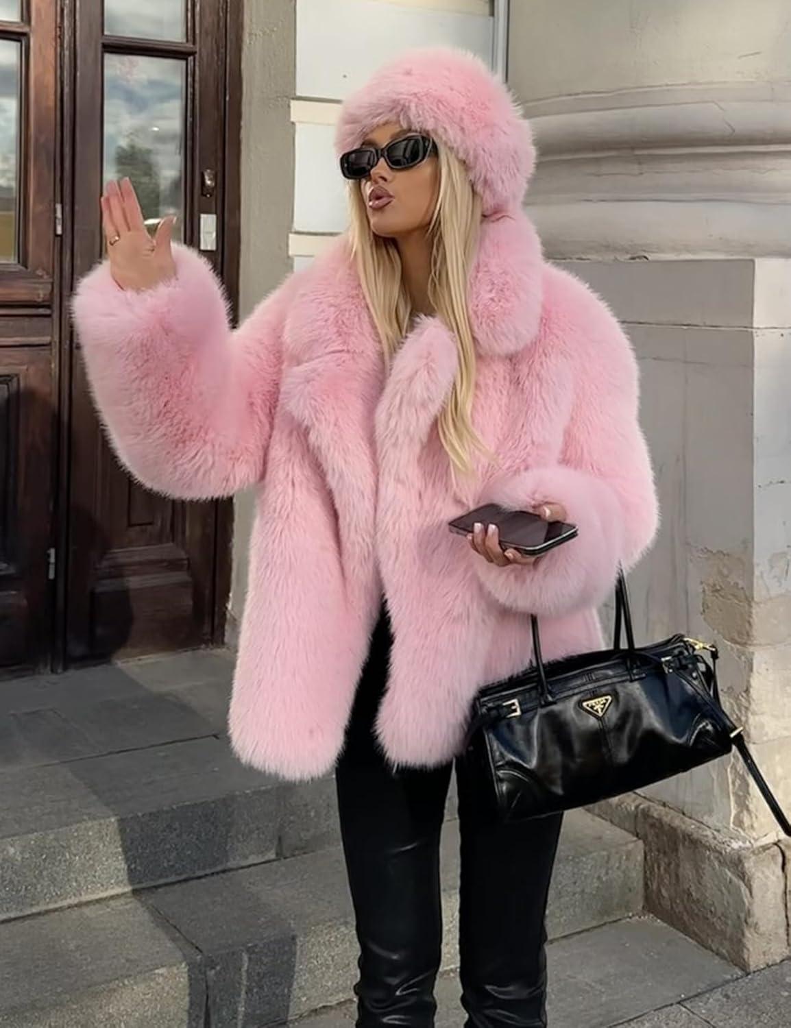 image:imageArssm Womens Faux Fur Coat Long Sleeve Fluffy Jacket Open Front Furry Winter Warm Lapel Shaggy Coat OutwearPink