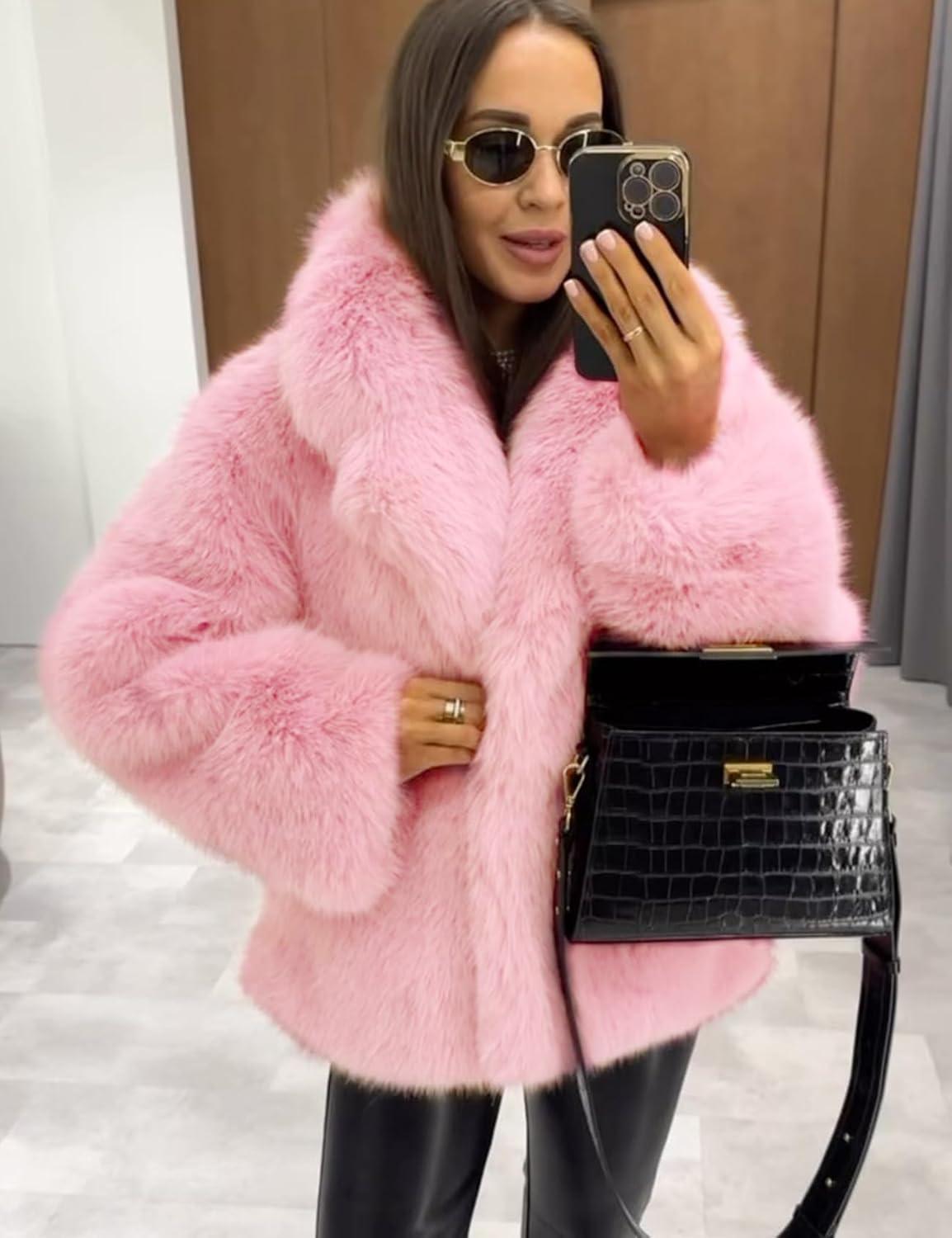 image:imageArssm Womens Faux Fur Coat Long Sleeve Fluffy Jacket Open Front Furry Winter Warm Lapel Shaggy Coat OutwearPink
