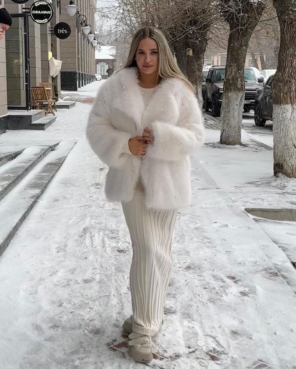 image:imageArssm Womens Faux Fur Coat Long Sleeve Fluffy Jacket Open Front Furry Winter Warm Lapel Shaggy Coat OutwearWhite