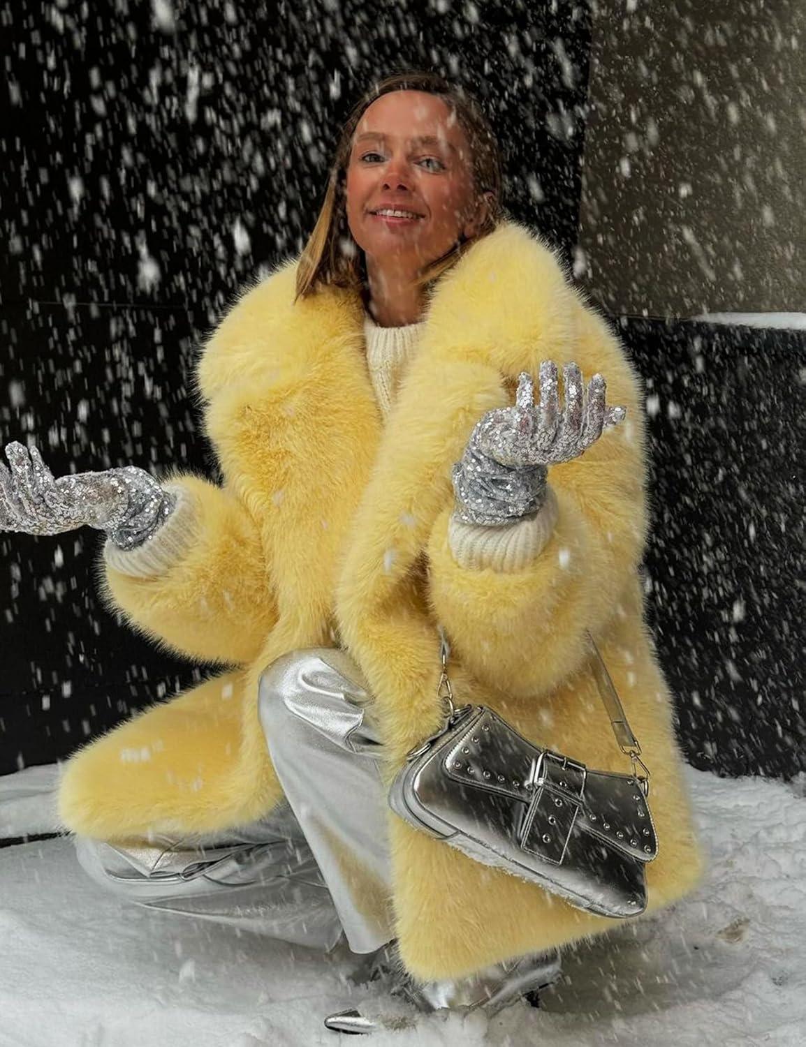image:imageArssm Womens Faux Fur Coat Long Sleeve Fluffy Jacket Open Front Furry Winter Warm Lapel Shaggy Coat OutwearYellow