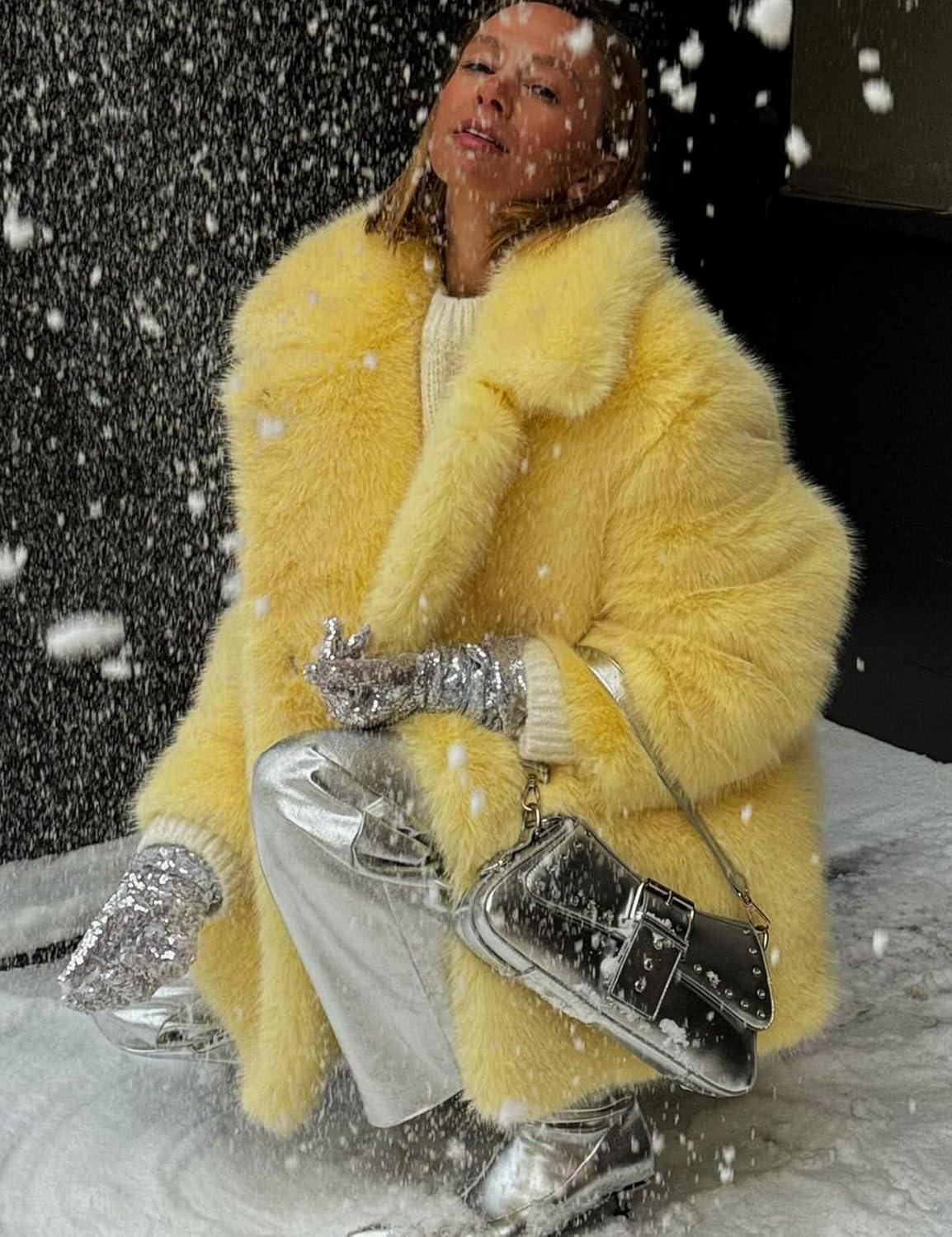 image:imageArssm Womens Faux Fur Coat Long Sleeve Fluffy Jacket Open Front Furry Winter Warm Lapel Shaggy Coat OutwearYellow