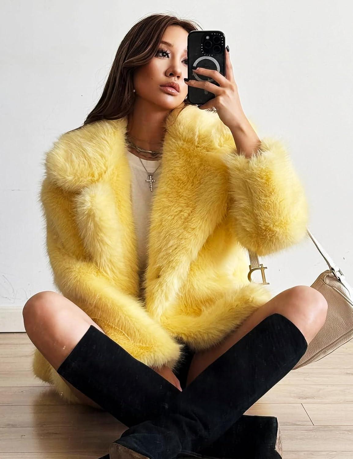 image:imageArssm Womens Faux Fur Coat Long Sleeve Fluffy Jacket Open Front Furry Winter Warm Lapel Shaggy Coat OutwearYellow