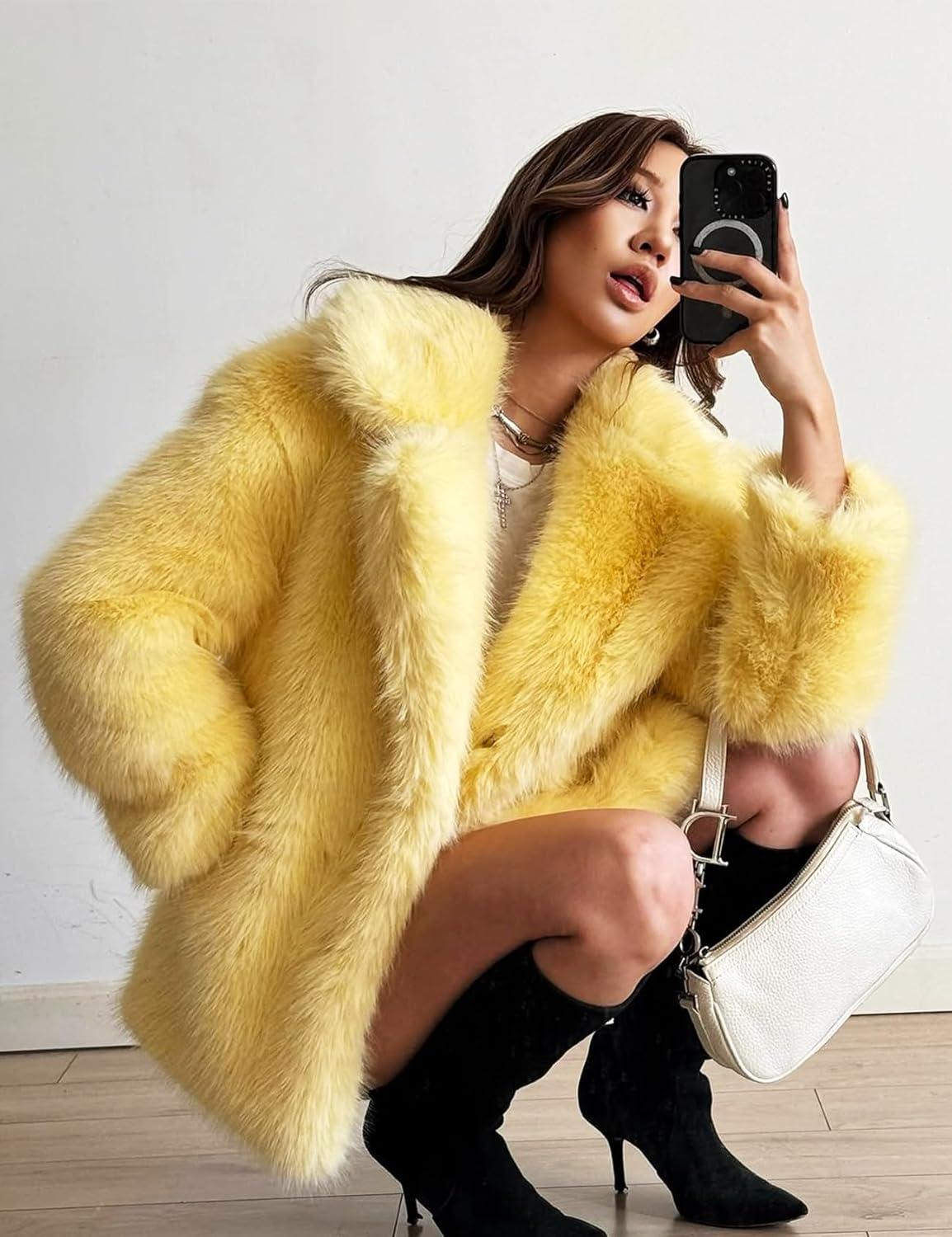 image:imageArssm Womens Faux Fur Coat Long Sleeve Fluffy Jacket Open Front Furry Winter Warm Lapel Shaggy Coat OutwearYellow