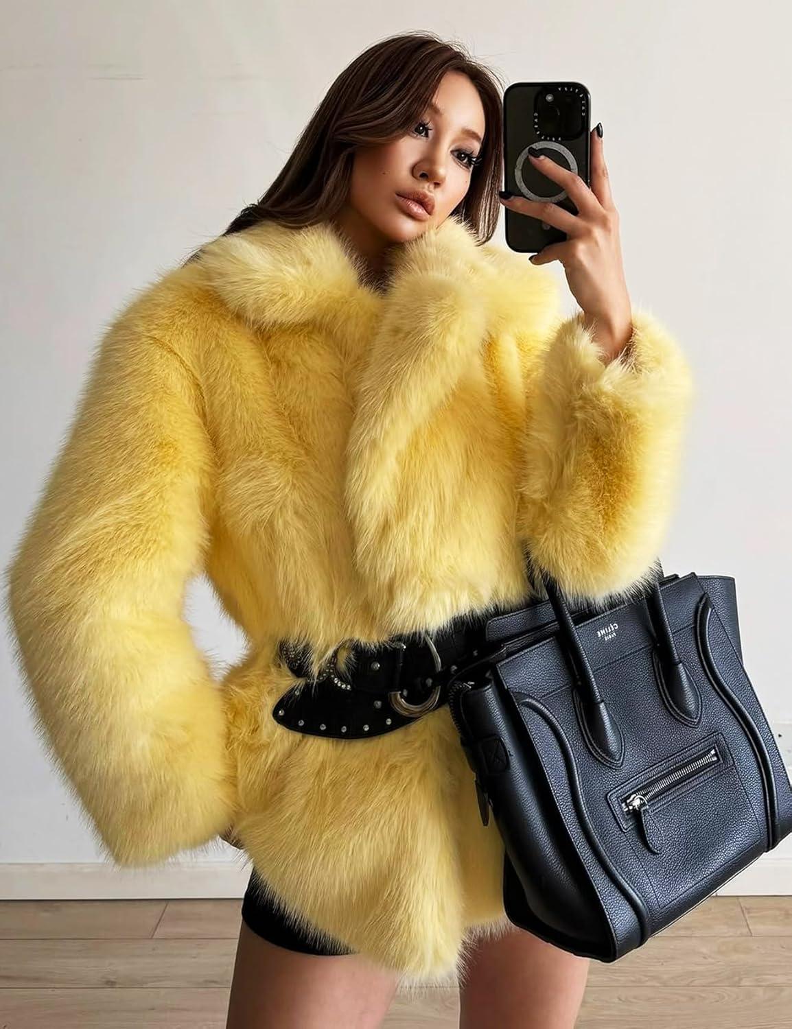 image:imageArssm Womens Faux Fur Coat Long Sleeve Fluffy Jacket Open Front Furry Winter Warm Lapel Shaggy Coat OutwearYellow