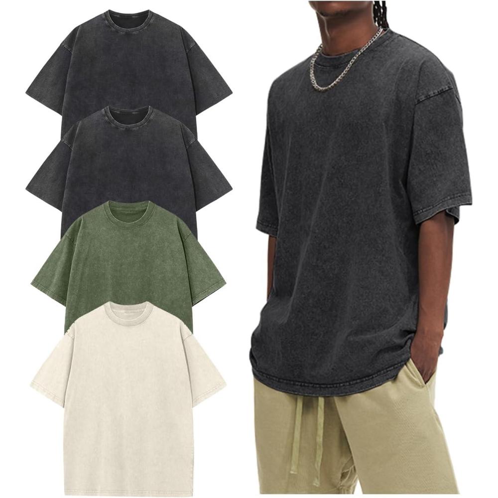 image:imageArssm Oversized Tshirts for Men Acid Wash Loose Fit Vintage Cotton Heavyweight T Shirts Baggy TeesBlackblackarmybeige