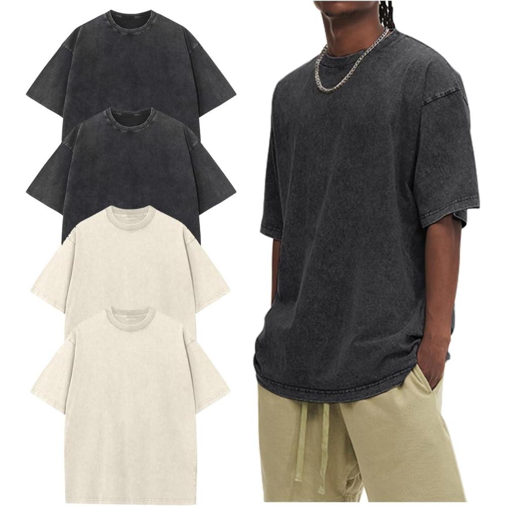 image:imageArssm Oversized Tshirts for Men Acid Wash Loose Fit Vintage Cotton Heavyweight T Shirts Baggy TeesBlackblackbeigebeige