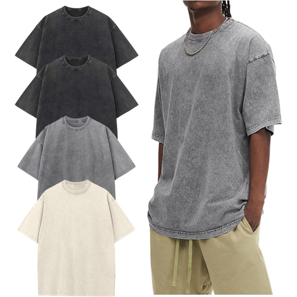 image:imageArssm Oversized Tshirts for Men Acid Wash Loose Fit Vintage Cotton Heavyweight T Shirts Baggy TeesBlackblackgreybeige