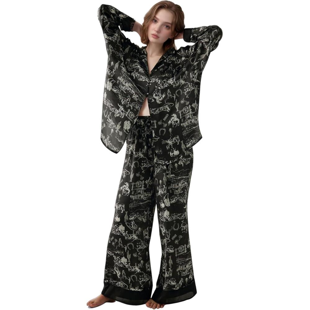 image:imageArssm Satin Pajama Set for Women Silk Pajamas Set 2 Piece Floral Pj Set Long Sleeve Button Down Pjs SleepwearBlack