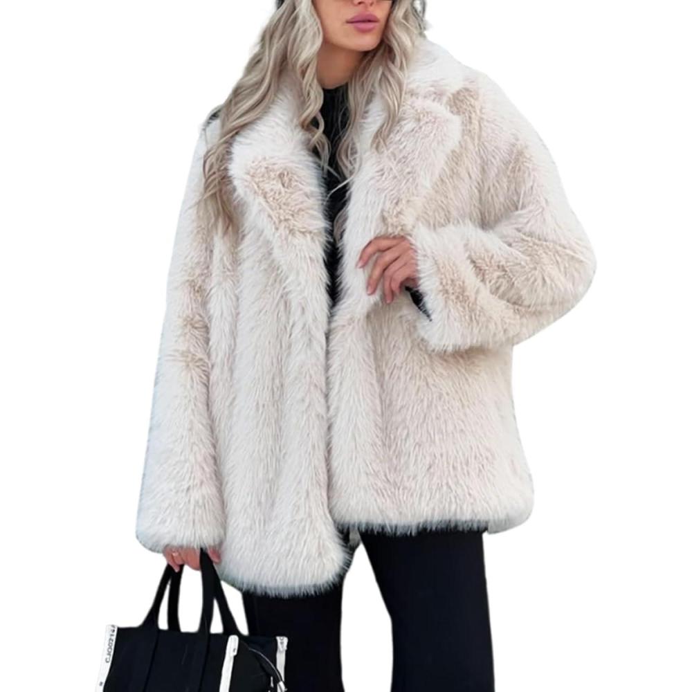 image:imageArssm Womens Faux Fur Coat Long Sleeve Fluffy Jacket Open Front Furry Winter Warm Lapel Shaggy Coat OutwearBeige