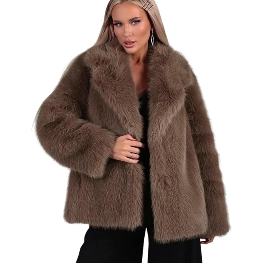 image:imageArssm Womens Faux Fur Coat Long Sleeve Fluffy Jacket Open Front Furry Winter Warm Lapel Shaggy Coat OutwearBrown