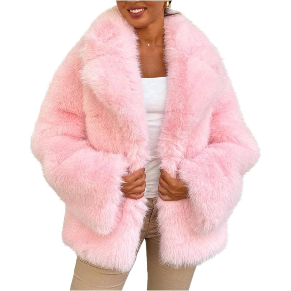 image:imageArssm Womens Faux Fur Coat Long Sleeve Fluffy Jacket Open Front Furry Winter Warm Lapel Shaggy Coat OutwearPink