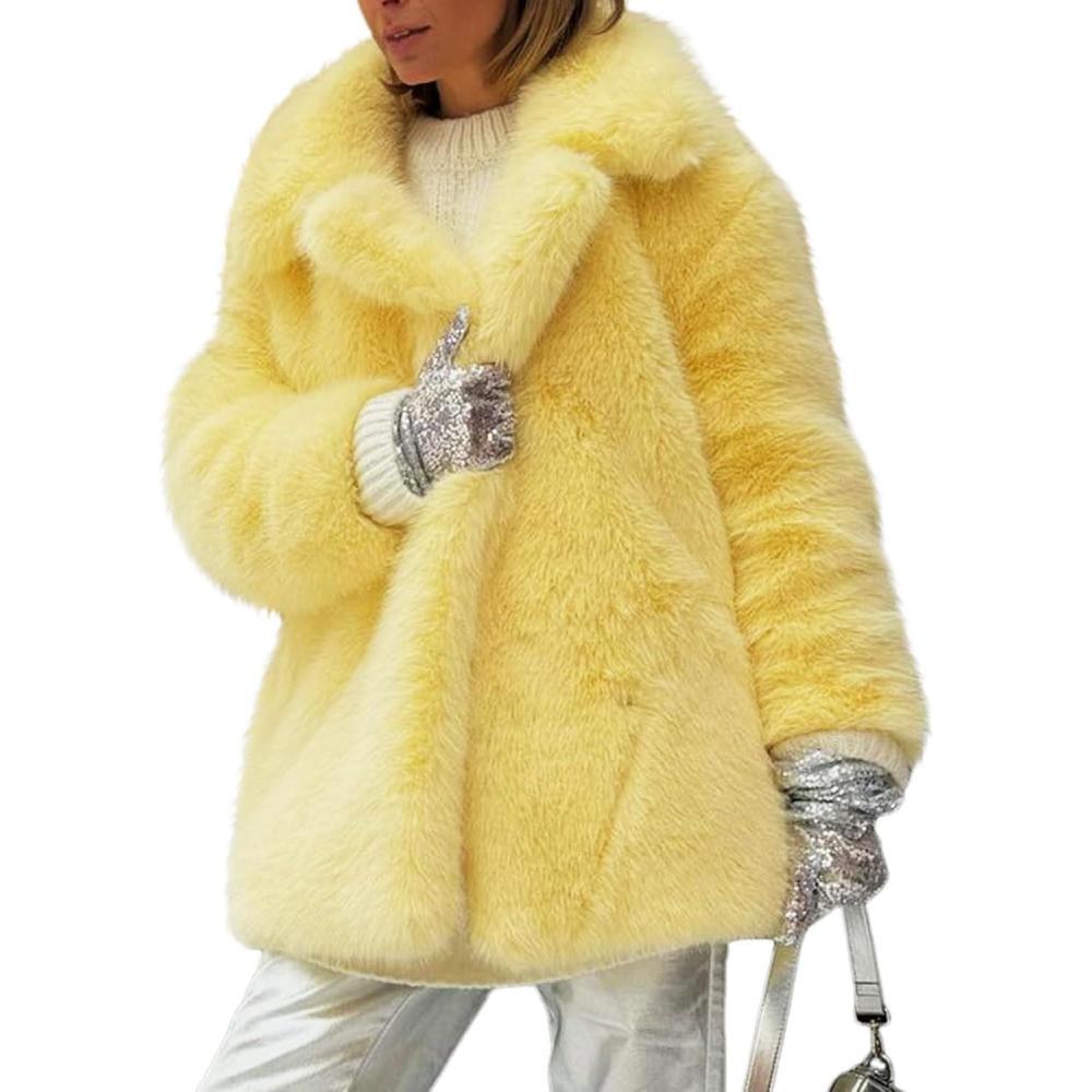 image:imageArssm Womens Faux Fur Coat Long Sleeve Fluffy Jacket Open Front Furry Winter Warm Lapel Shaggy Coat OutwearYellow
