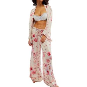 Arssm Satin Pajama Set for Women Silk Pajamas Set 2 Piece Floral Pj Set Long Sleeve Button Down Pjs Sleepwear(White)