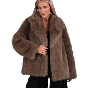 Arssm Women’s Faux Fur Coat Long Sleeve Fluffy Jacket Open Front Furry Winter Warm Lapel Shaggy Coat Outwear(Brown)