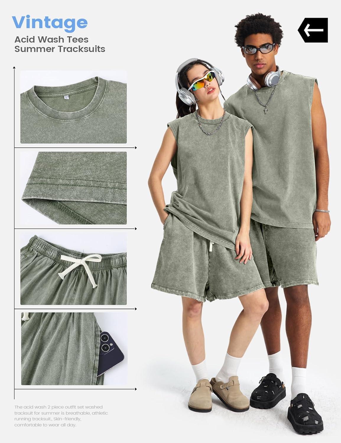 image:imageArssm Mens 2 Piece Outfits Acid Wash Sleeveless Shirts and Shorts Summer Cotton Gym TracksuitsArmy