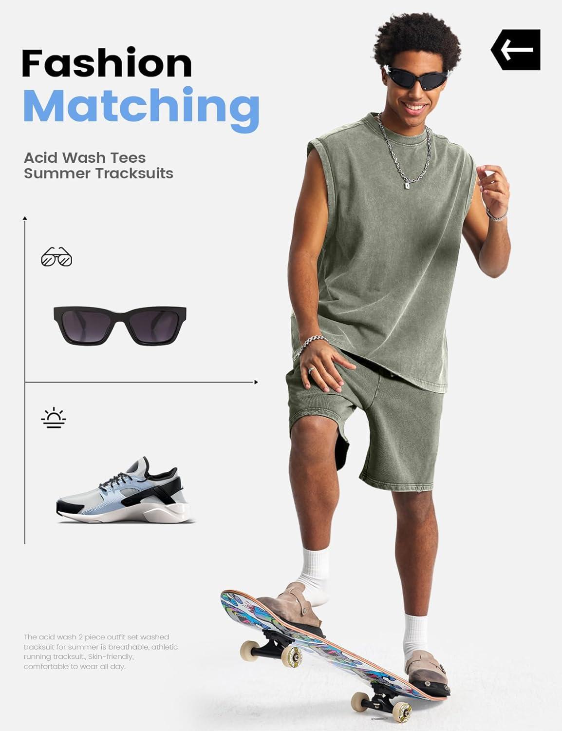 image:imageArssm Mens 2 Piece Outfits Acid Wash Sleeveless Shirts and Shorts Summer Cotton Gym TracksuitsArmy
