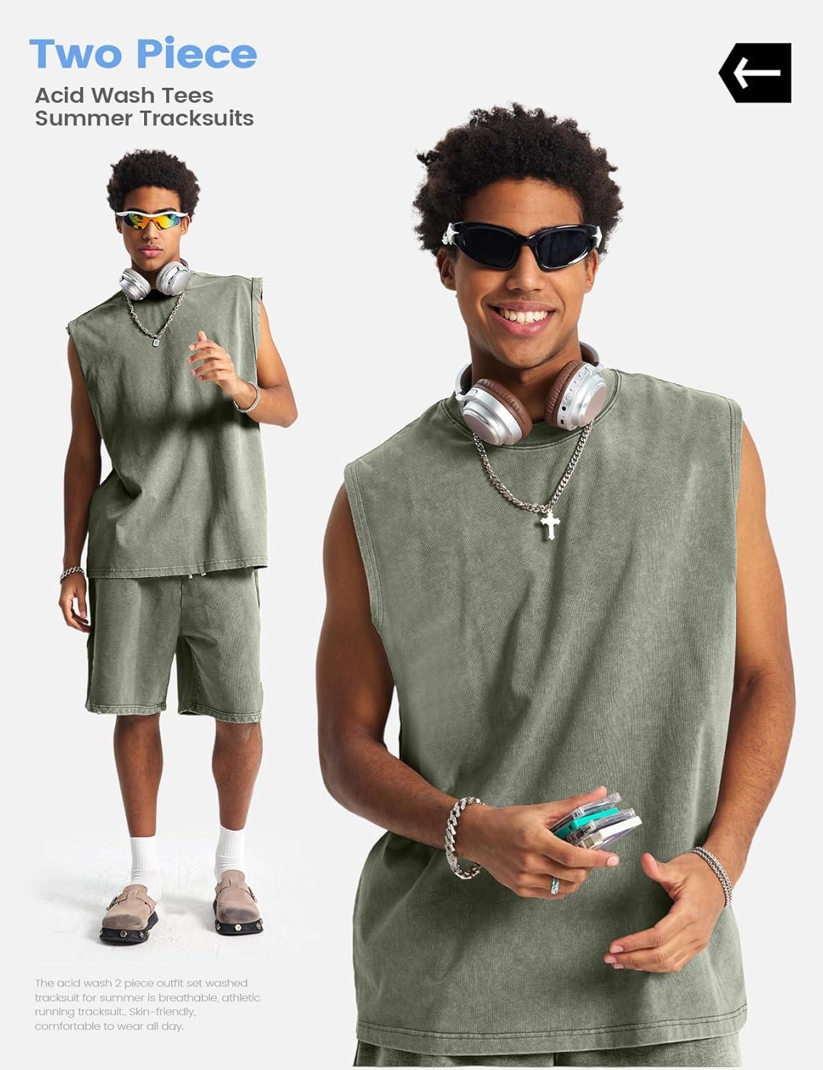 image:imageArssm Mens 2 Piece Outfits Acid Wash Sleeveless Shirts and Shorts Summer Cotton Gym TracksuitsArmy