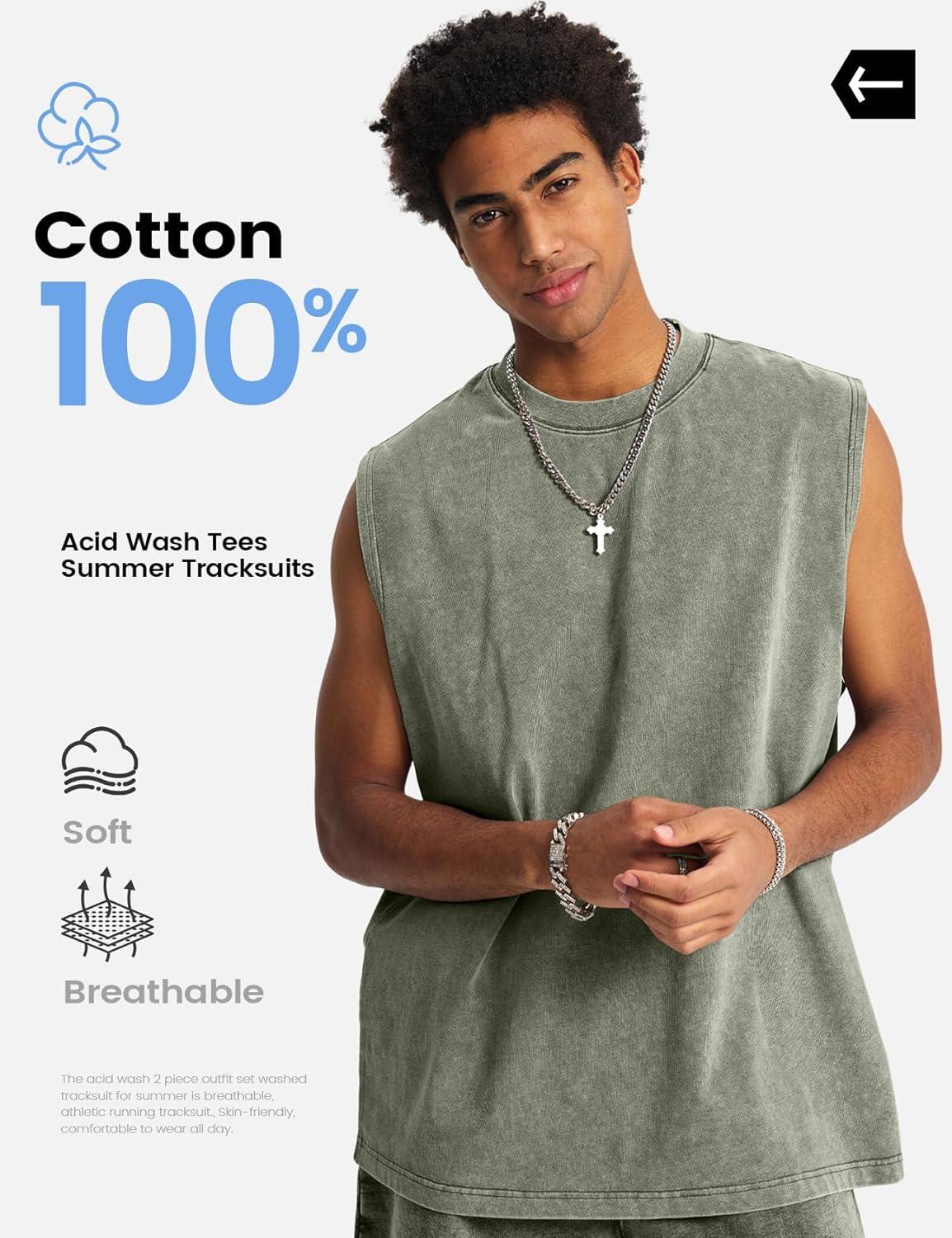 image:imageArssm Mens 2 Piece Outfits Acid Wash Sleeveless Shirts and Shorts Summer Cotton Gym TracksuitsArmy