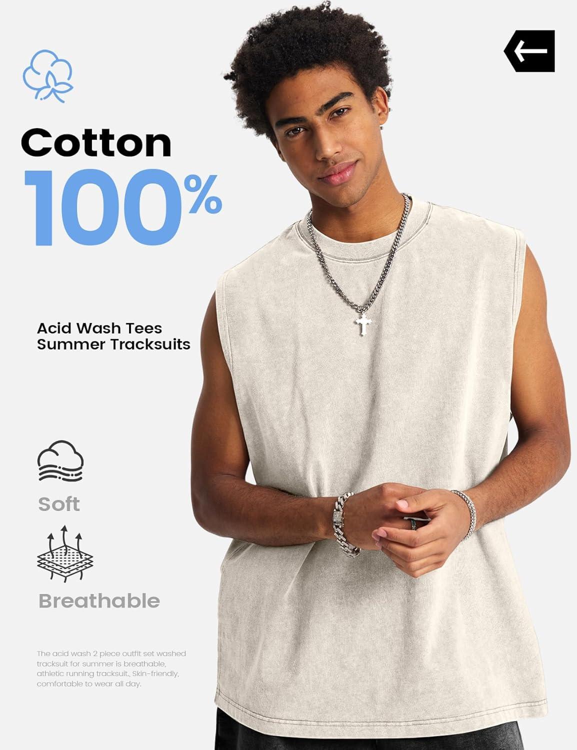 image:imageArssm Mens 2 Piece Outfits Acid Wash Sleeveless Shirts and Shorts Summer Cotton Gym TracksuitsBeigeblack