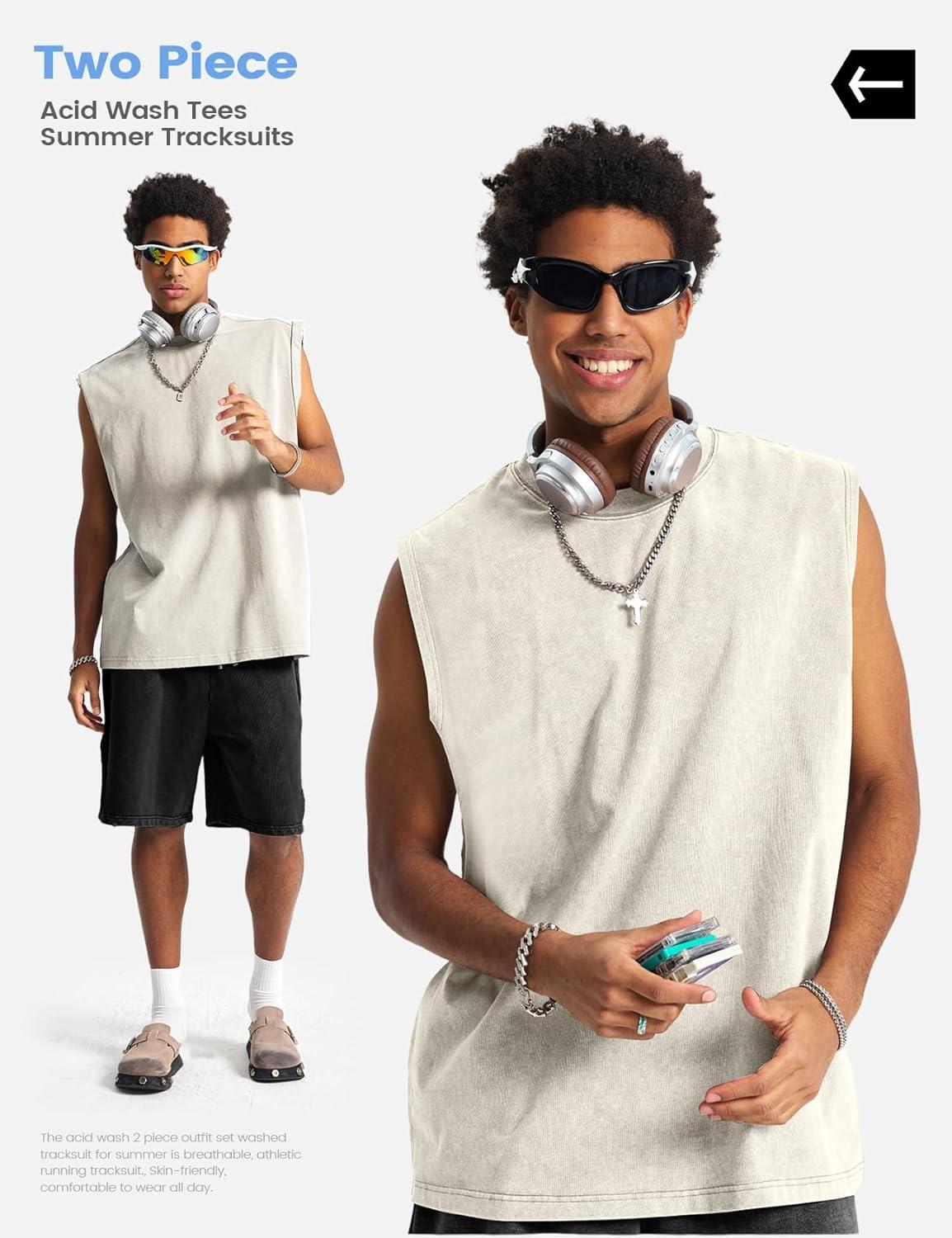 image:imageArssm Mens 2 Piece Outfits Acid Wash Sleeveless Shirts and Shorts Summer Cotton Gym TracksuitsBeigeblack
