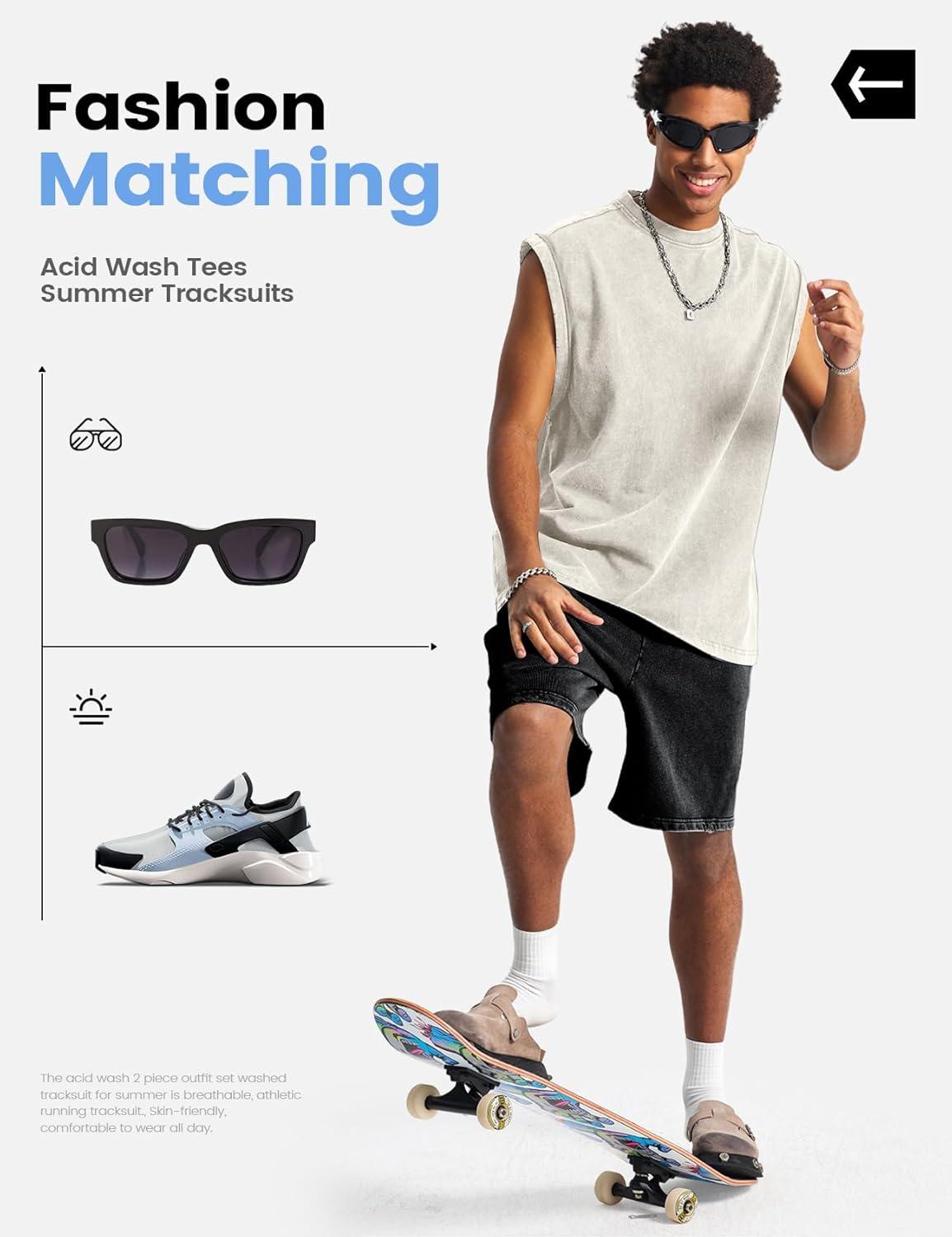 image:imageArssm Mens 2 Piece Outfits Acid Wash Sleeveless Shirts and Shorts Summer Cotton Gym TracksuitsBeigeblack