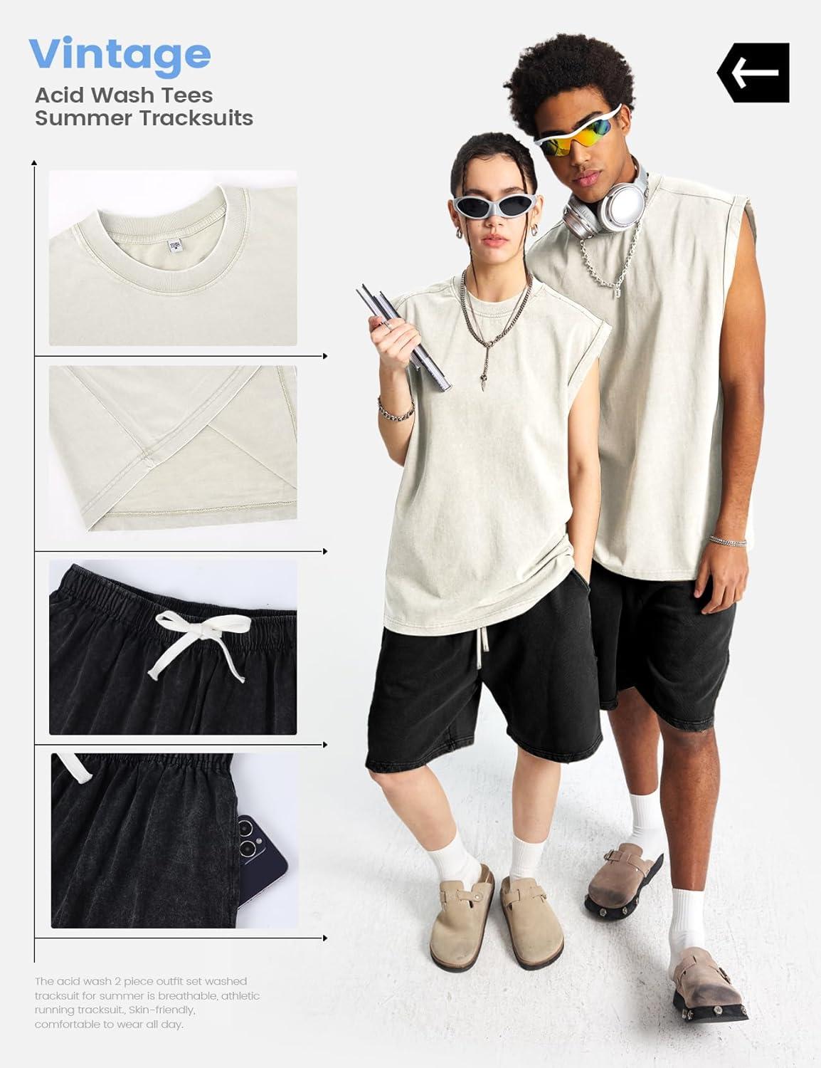 image:imageArssm Mens 2 Piece Outfits Acid Wash Sleeveless Shirts and Shorts Summer Cotton Gym TracksuitsBeigeblack