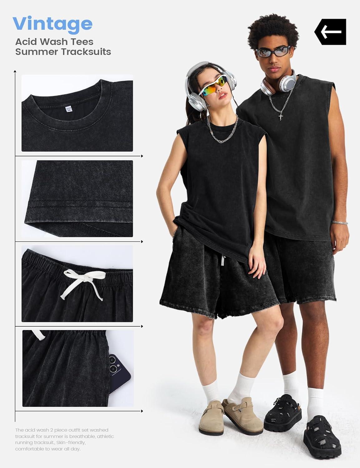 image:imageArssm Mens 2 Piece Outfits Acid Wash Sleeveless Shirts and Shorts Summer Cotton Gym TracksuitsBlack