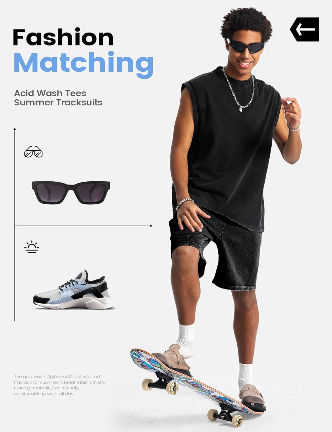 image:imageArssm Mens 2 Piece Outfits Acid Wash Sleeveless Shirts and Shorts Summer Cotton Gym TracksuitsBlack