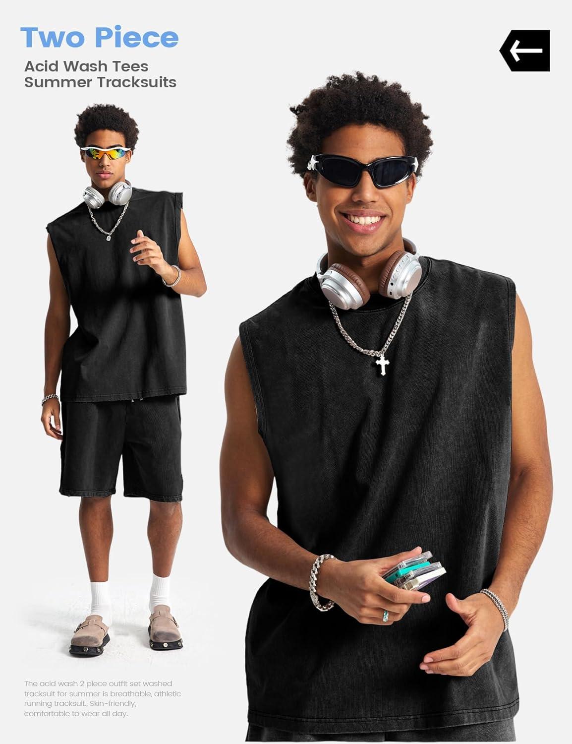 image:imageArssm Mens 2 Piece Outfits Acid Wash Sleeveless Shirts and Shorts Summer Cotton Gym TracksuitsBlack