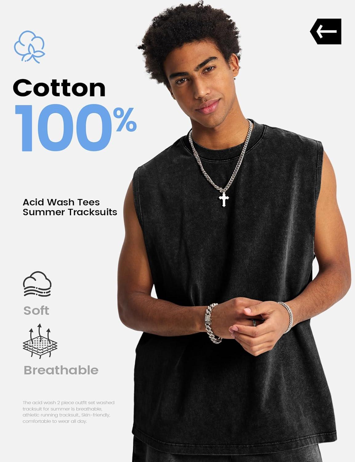 image:imageArssm Mens 2 Piece Outfits Acid Wash Sleeveless Shirts and Shorts Summer Cotton Gym TracksuitsBlack