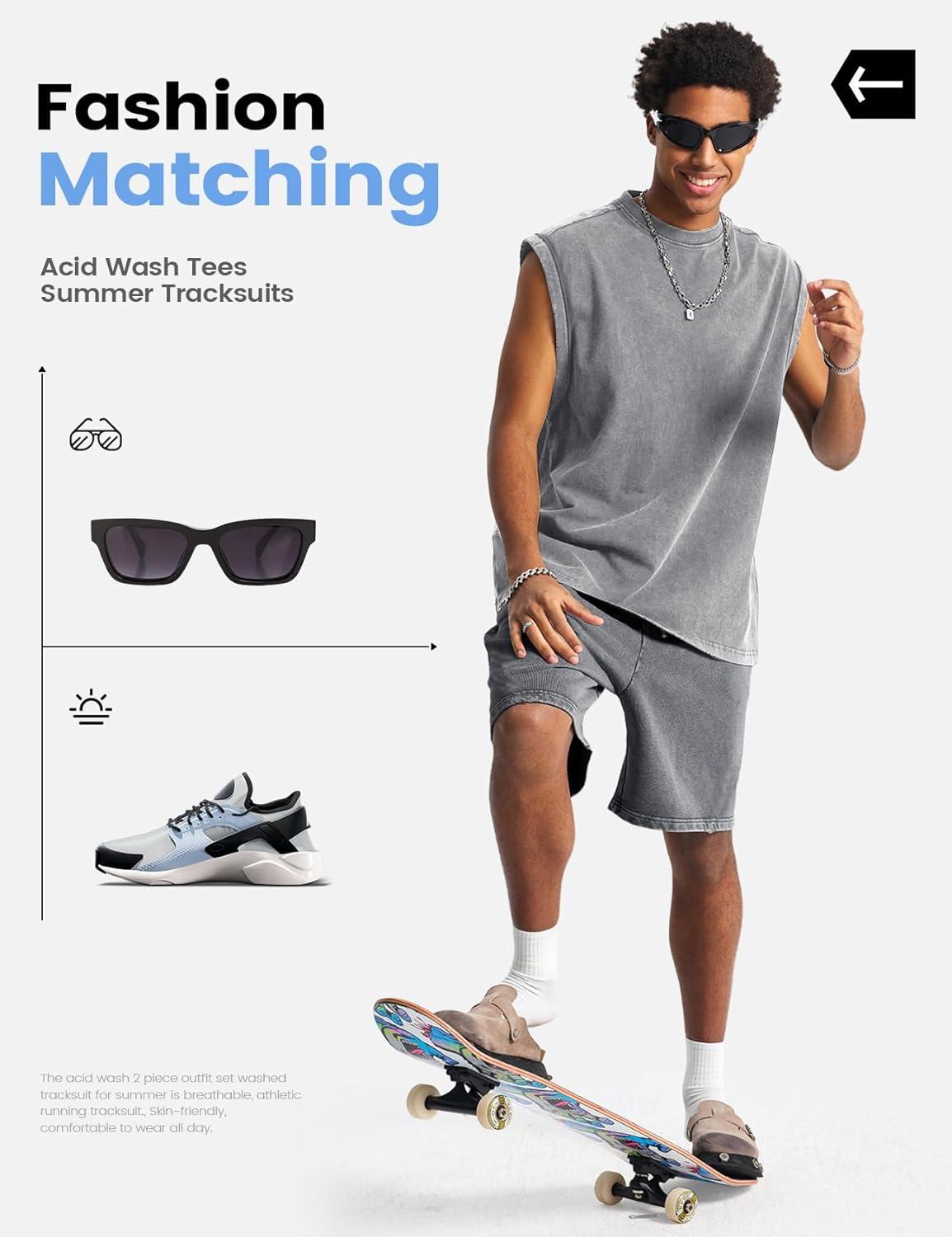 image:imageArssm Mens 2 Piece Outfits Acid Wash Sleeveless Shirts and Shorts Summer Cotton Gym TracksuitsGrey