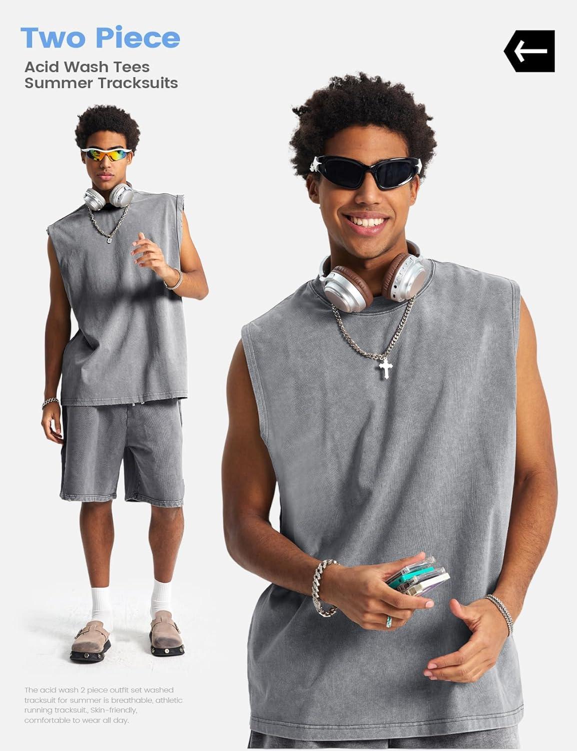 image:imageArssm Mens 2 Piece Outfits Acid Wash Sleeveless Shirts and Shorts Summer Cotton Gym TracksuitsGrey