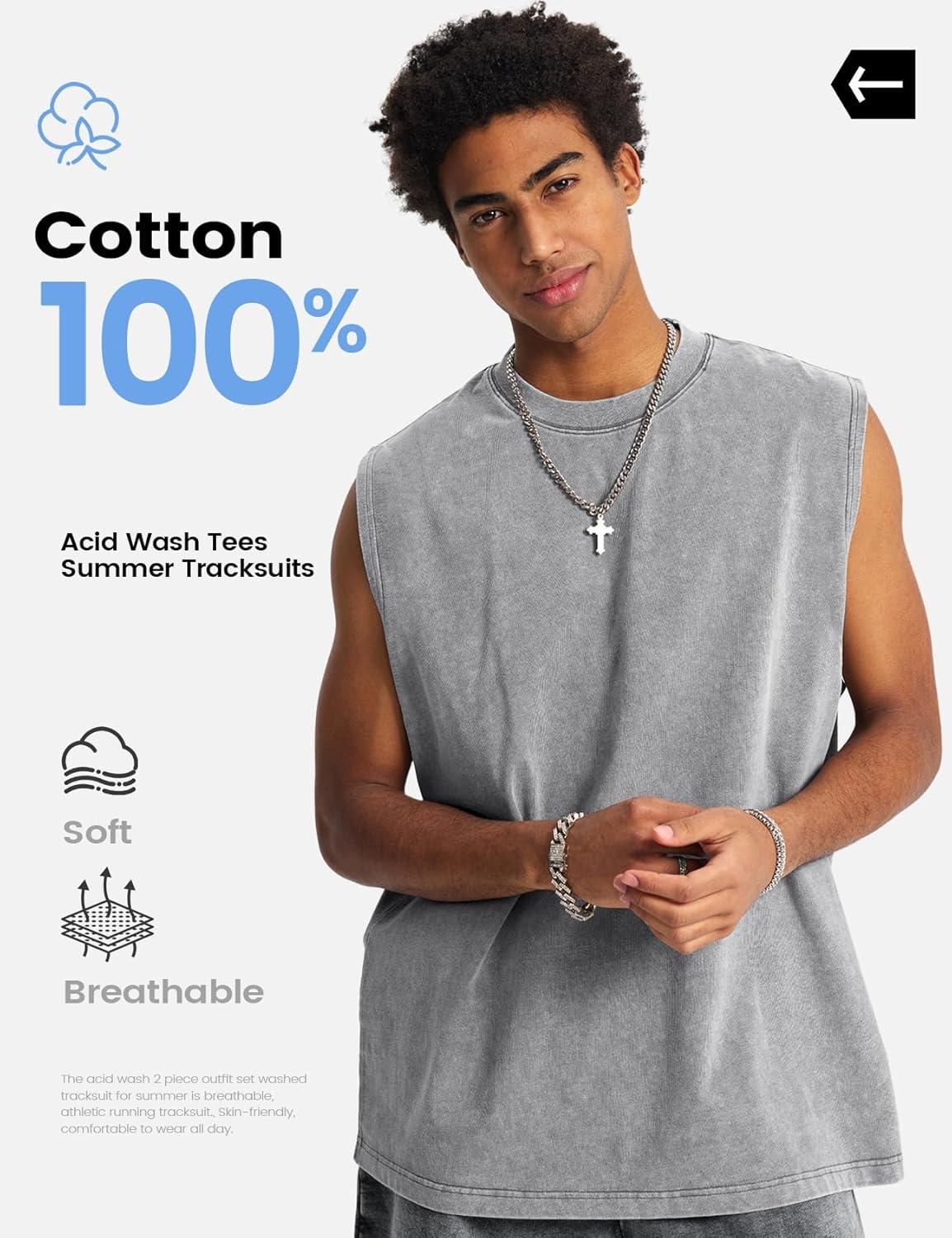 image:imageArssm Mens 2 Piece Outfits Acid Wash Sleeveless Shirts and Shorts Summer Cotton Gym TracksuitsGrey