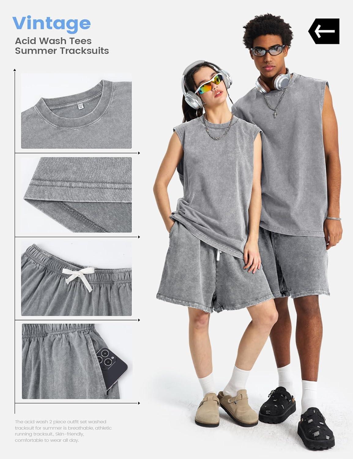 image:imageArssm Mens 2 Piece Outfits Acid Wash Sleeveless Shirts and Shorts Summer Cotton Gym TracksuitsGrey