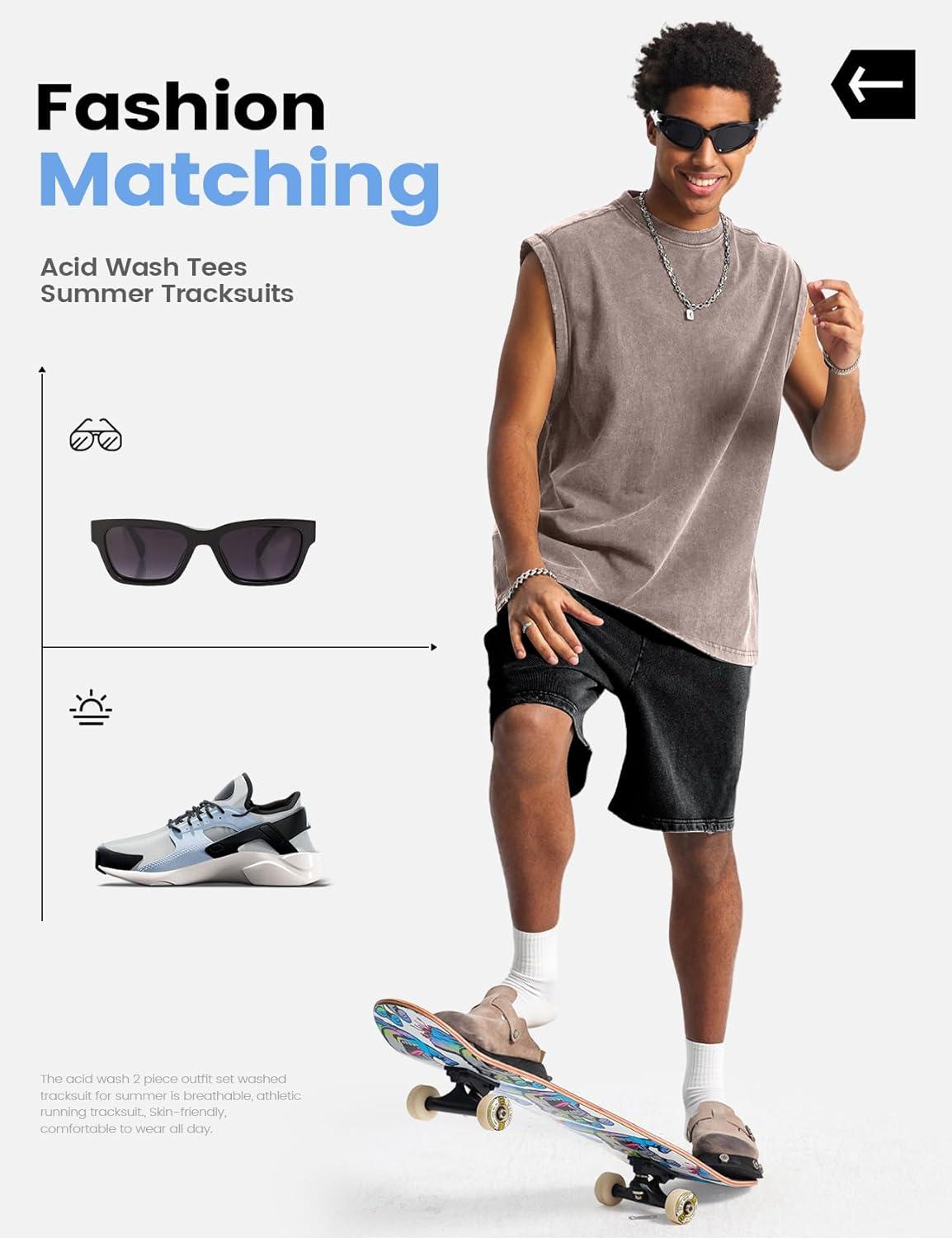 image:imageArssm Mens 2 Piece Outfits Acid Wash Sleeveless Shirts and Shorts Summer Cotton Gym TracksuitsKhakiblack