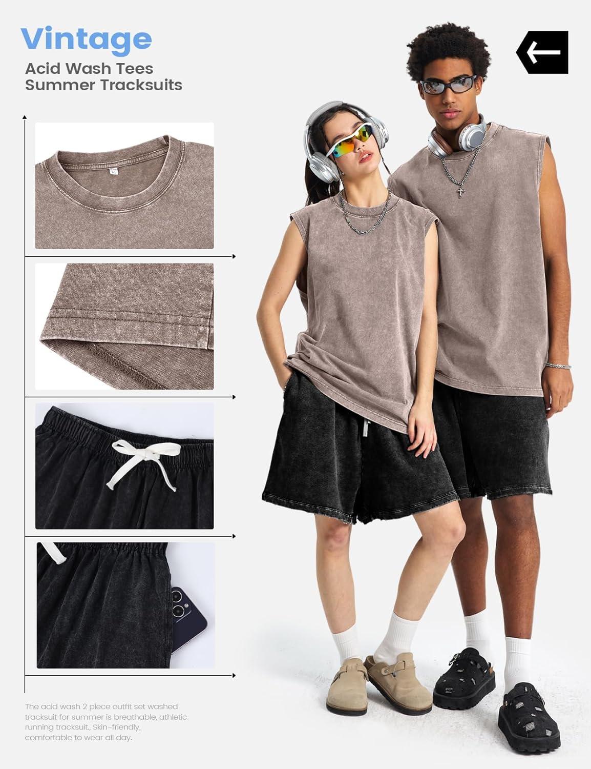 image:imageArssm Mens 2 Piece Outfits Acid Wash Sleeveless Shirts and Shorts Summer Cotton Gym TracksuitsKhakiblack