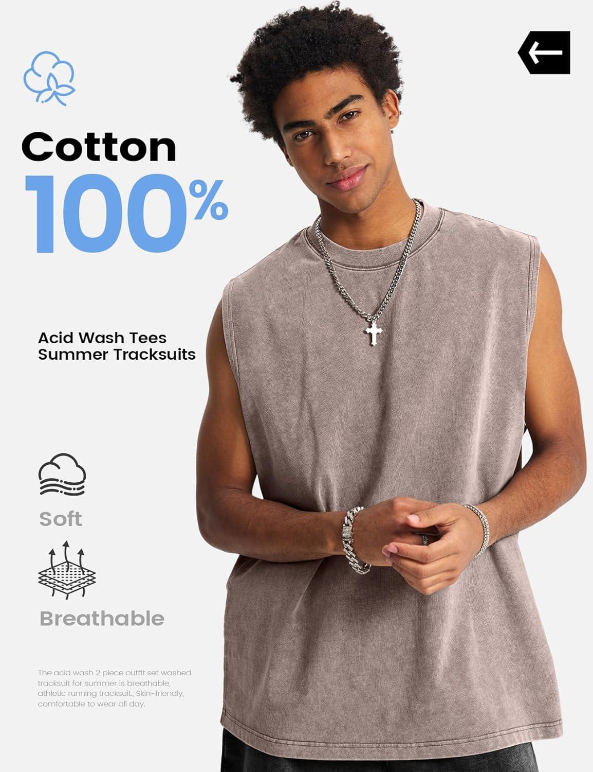 image:imageArssm Mens 2 Piece Outfits Acid Wash Sleeveless Shirts and Shorts Summer Cotton Gym TracksuitsKhakiblack